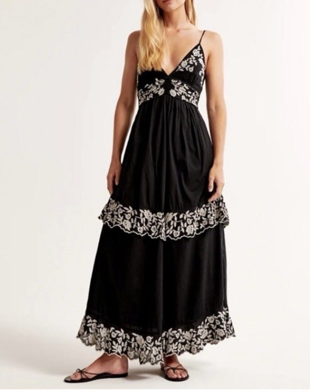 Abercrombie & Fitch Tiered Ruffle Maxi Dress white floral embroidery Sz XLT